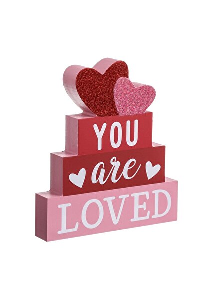 OEM Wooden Table Decoration with Pink Red Hearts & Message 18x3x19.5cm