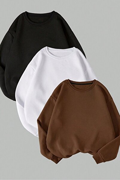 ROYAL FASHİON Unisex 3'lü Kahve Beyaz Siyah Bisiklet Yaka Oversize Sweatshirt