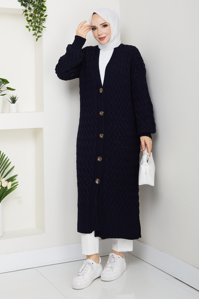Pamuk Butik Women's Anthracite Basket Knit Buttoned Full Length Knitwear Cardigan Navy Blue