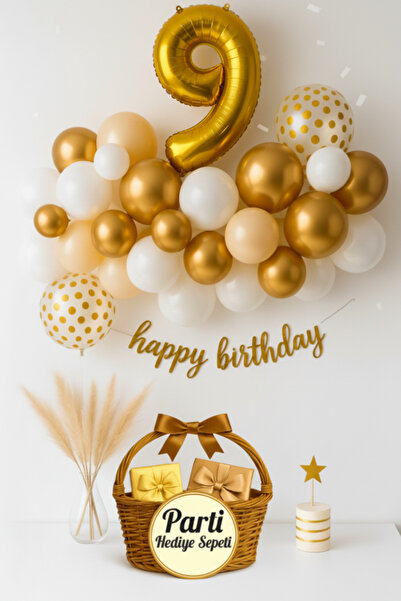 parti hediye sepeti Gold White 9Th Birthday Balloon Set |   Happy Birthday Te...