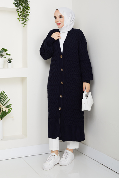 Pamuk Butik Women's Anthracite Basket Knit Buttoned Full Length Knitwear Cardigan Navy Blue