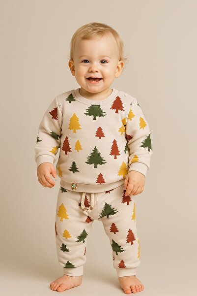 MixMax Bebe Baby Boy Ahlat Tree Patterned 3 Thread Ribbed Winter Long Sleeve Top and Bottom Baby Set