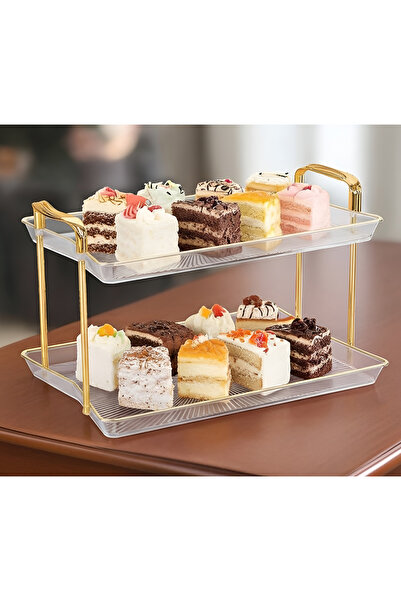 Cozy Nest 2 Tier Rectangular Serving Tray with Gold Handles, Cake Stand for Food, Desserts Table Display