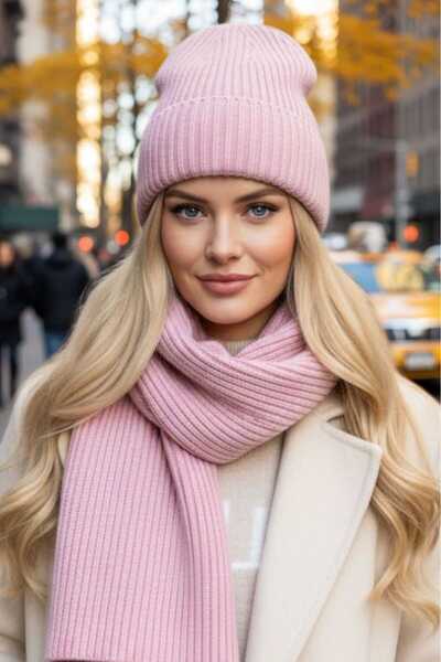 Trenderrs Women's Mohair Wool 2-Piece Scarf Beanie Set Thick Ribbed Knitwear Winter Set