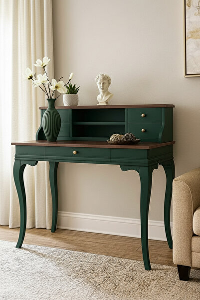 Wooding Mobilya 120 Cm 5 Çekmeceli Masif Yeşil Ceviz Raflı Çalışma Masası