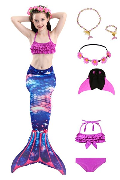 THK Set costum sirenă prințesa Ariel THK®, 7 piese, coadă de sirenă, chiloți,...