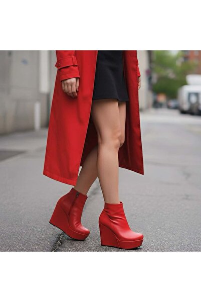 Modanizm Lizavita Kırmızı Dolgu Topuklu Deri Bot