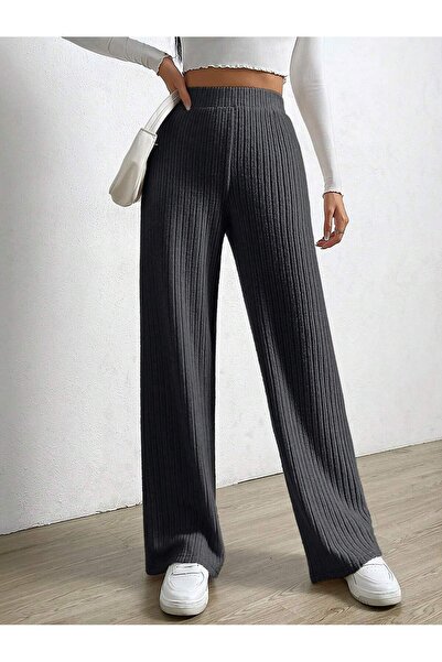 Maly Love Kadın Antrasit Yüksek Bel Fitilli Geniş Paça Triko Pantolon