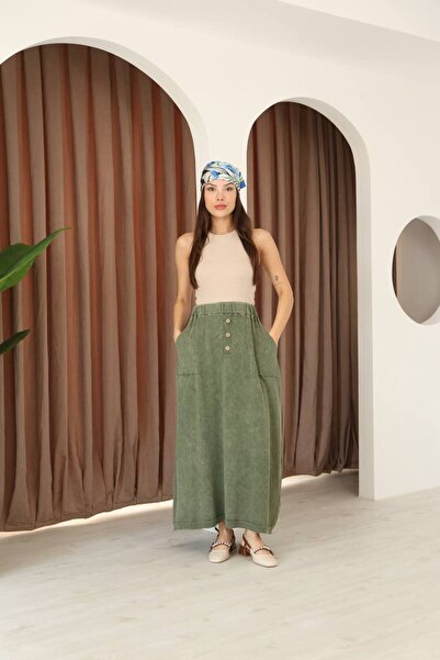 AYASOFYA OTANTIK Women's Khaki Button Detailed Elastic Waist Plain Pattern Pocketed Vintage Detail Cotton Knit Skirt