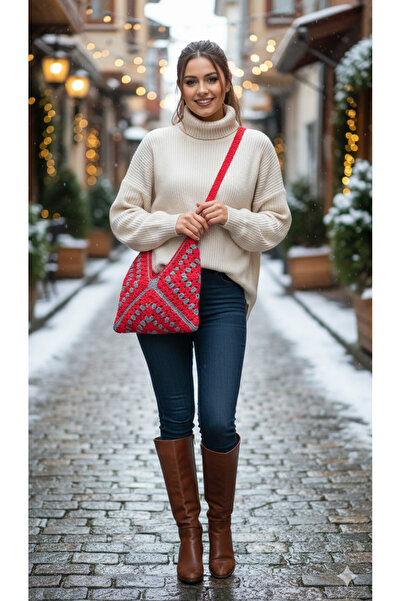 shop Bag Hand Knitted Bag Casual Design Bag Gray Red Bag Paper String Bag