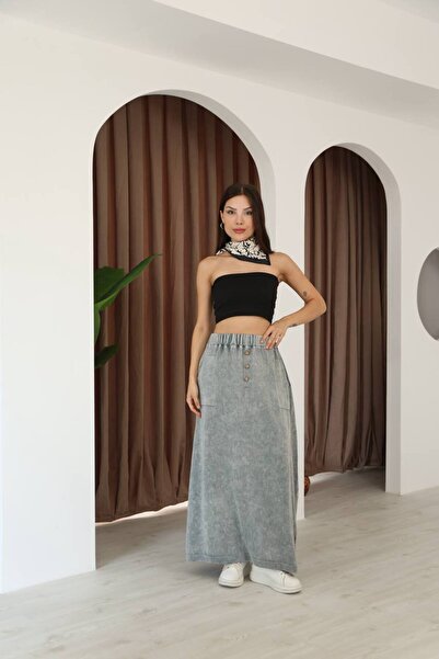 AYASOFYA OTANTIK Women's Gray Button Detailed Elastic Waist Plain Pattern Pocketed Vintage Detail Cotton Knit Skirt