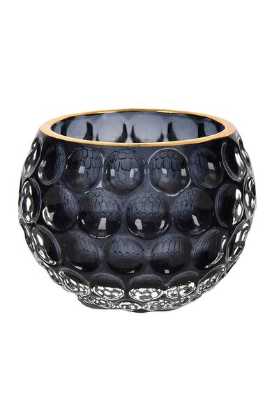 OEM Black Glass Candle Holder with Pattern & Gold Edge Ø7.8x6cm