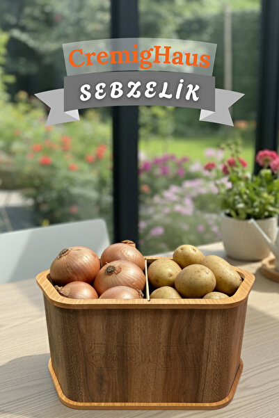 CremigHaus Geleneksel Tasarım Kapaklı Büyük Ahşap Sebzelik Altıgen Kemençe De...