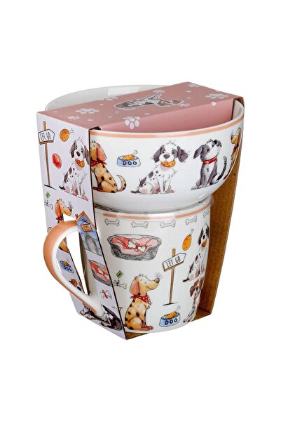 OEM Set Cana Ceramica & Bol Alb cu Model Caini - 2buc