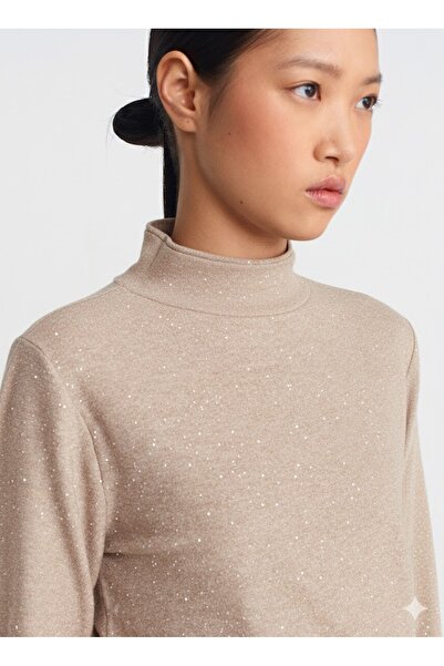 Dilvin 10685 Stand Collar Sequin Slim Knit Sweater-Abej
