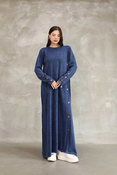AYASOFYA OTANTIK Жіноче синє плаття з круглим коміром, прямим кроєм, ґудзиками та деталями в стилі «ескідж» з бавовняної трикотажної тканини