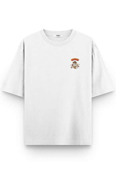 Overoz Tazmanian Devil Tazmanian Devil Back Printed Semi-Oversize White Tshirt 1392