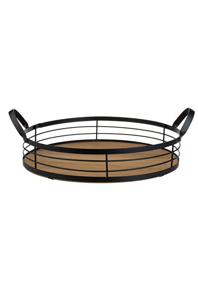OEM Round Serving Tray Made of Beige Brown Wood with Black Metal Handles Ø30x6cm