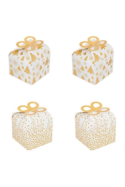 OEM White Cardboard Boxes with Gold Foil Patterns for Sweets 9.5x9.5x8cm - 4pcs