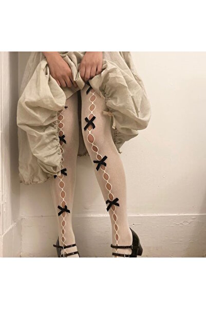 VEGAROKS Lolita Black Ribbon Symmetrical Patterned Imported White Pantyhose