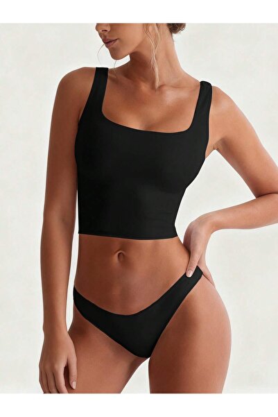 Liona Düz Desensiz Baskısız Siyah Renk Kare Yaka Askılı Crop Top Büstiyer İç Çamaşırı Takımı