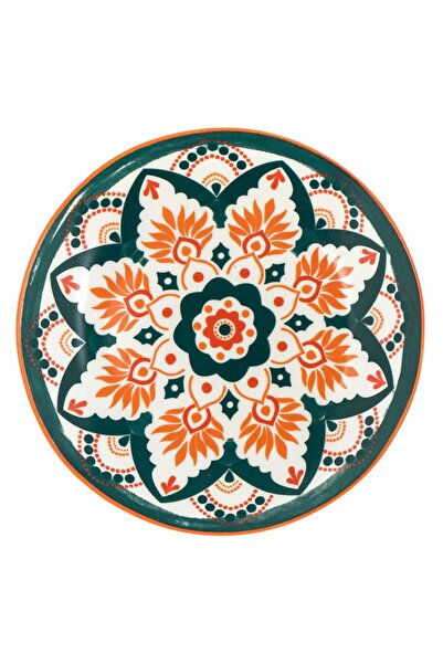 OEM White Porcelain Plate with Orange Green Aztec Pattern for Dessert Ø15cm