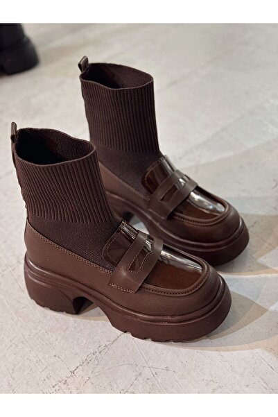 I Love Shoes Celora Kadın Kalın Taban Bot Acıkahve Triko