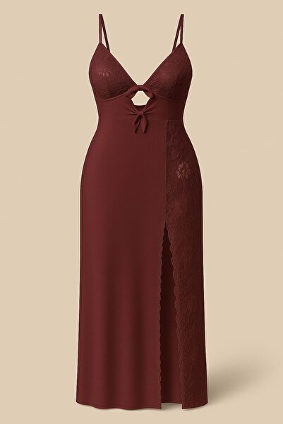 TREN Luxurious Triangle Top Lace Panel Nightgown with Front Bow Tie Detail Side Cut Maxi Sleepwear