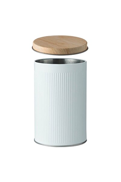 OEM White Cylindrical Metal Storage Box with Beige Lid Ø8.5x13cm