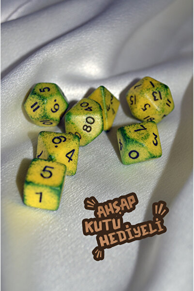 DiceLand Limon Sarı El Yapımı DND Zar Seti – DiceLand, 7’li RPG Zarları + Ahş...