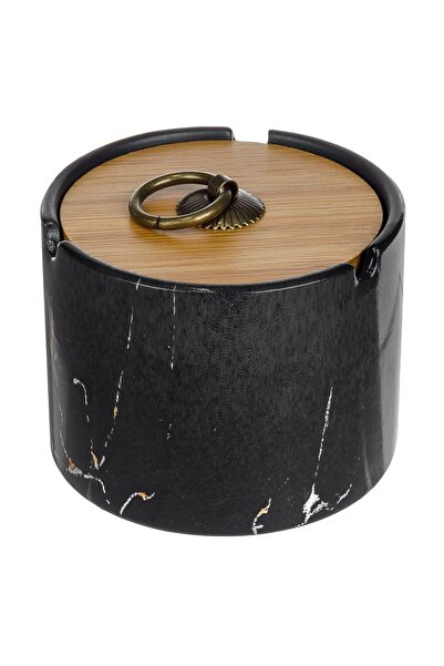 OEM Scrumiera Ceramica Cilindrica Neagra Marble cu Capac din Bambus Ø10x7cm