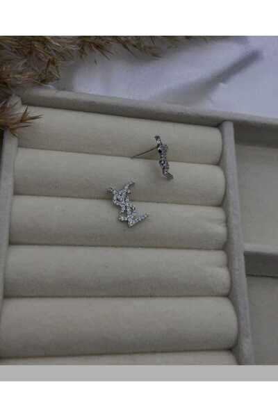 N&V AKSESUAR YSL YAZILI IŞILTILI GÜMÜŞ RENK KADIN ÇELİK KÜPE