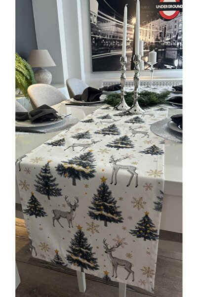 Decamor home Yeni Yıl Temalı Ceylan Desenli Beyaz Gri Gold Yılbaşı Runner (PEÇETE DAHİL DEĞİL)