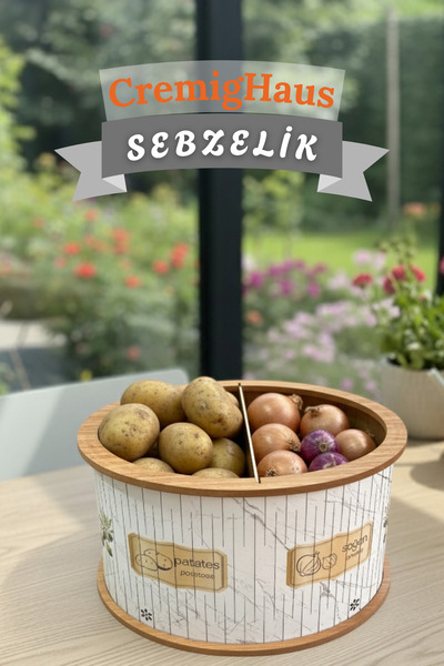 CremigHaus Geleneksel Tasarım Kapaklı Büyük Ahşap Sebzelik Oval Mermer Desenli