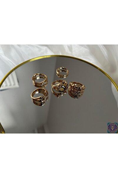 uyguntakıaksesuar Gold Kadın Yüzük Seti – 5’li Kombin, Paslanmaz Çelik, Modern ve Zarif Tasarım