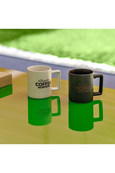 OEM Set of 2 Ceramic Mugs White Black Mate Fresh Coffee 310ml - 2pcs