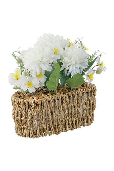 OEM Decorative Raffia Flower Pot with White Flowers 18x8x21cm