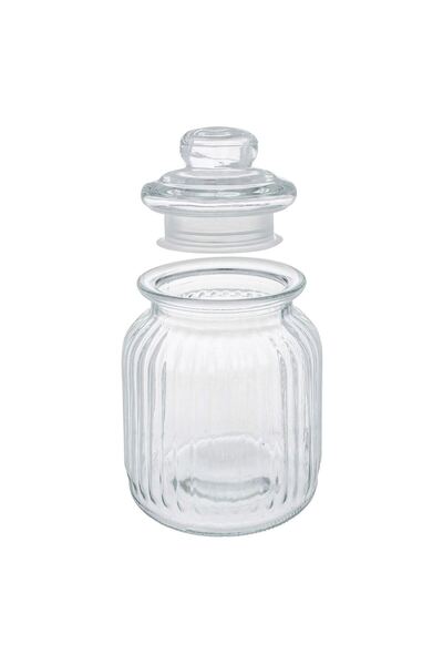 OEM Transparent Glass Candy Jar with Striped Embossed Design and Lid 1lt