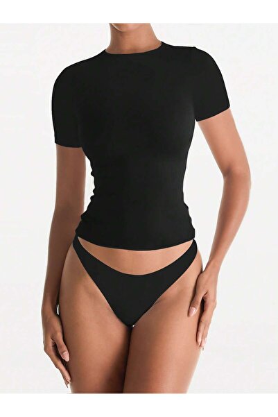 Liona Düz Desensiz Baskısız Siyah Bisiklet Yaka Kısa Kollu Crop Top Bluz İç Ç...