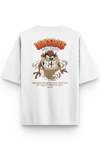 Overoz Tazmanian Devil Tazmanian Devil Back Printed Semi-Oversize White Tshirt 1392