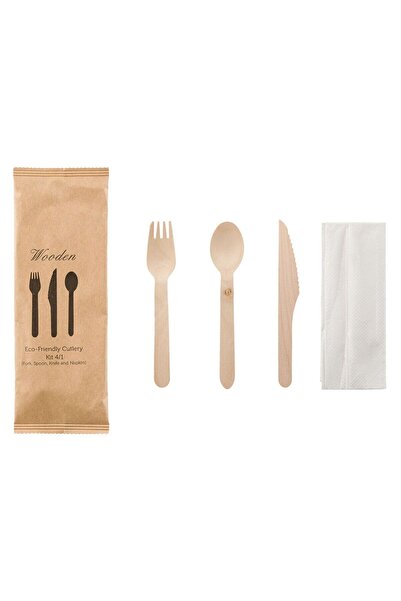 OEM Wooden Cutlery Kit with Fork, Knife, Spoon and Napkin - 8pcs