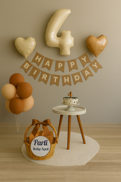 parti hediye sepeti Krem Kahve 4 Yaş Doğum Günü Balon Seti | İyi Ki Doğdun Banner + Kalp Folyo + Balon Standı Dahil