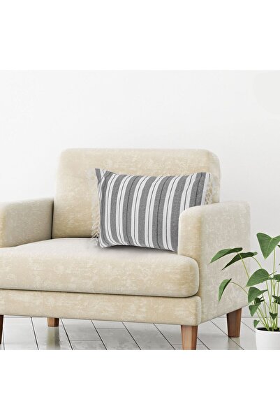 OEM Off White Summer Decorative Pillow with Grey Stripes and Macrame Fringes 60x40cm