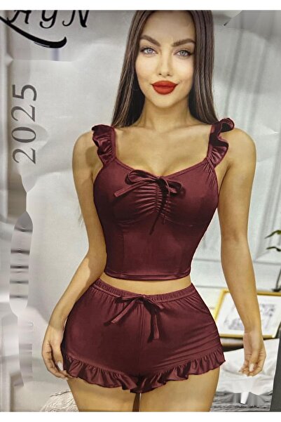 Nice Model Two Piece Ruffle Lingerie Set Women Crop Top Elastic Shorts Tie Front Detail Soft Sleepwear