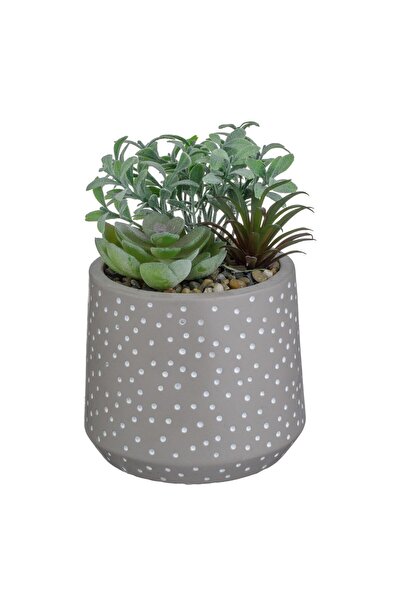 OEM Decorative Cement Pot Taupe Polka Dots with Artificial Plants & Pebbles Ø12x17cm