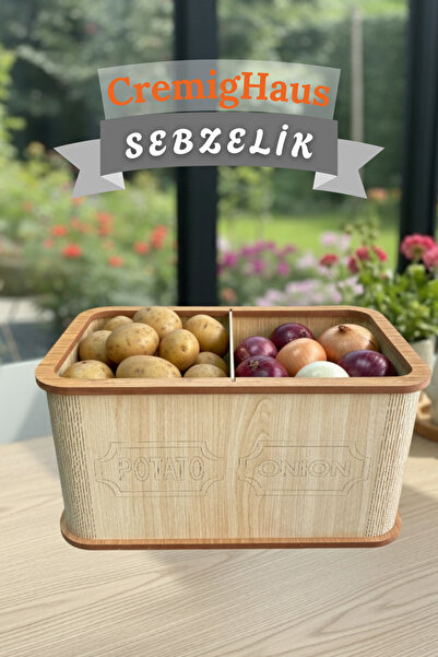 CremigHaus Geleneksel Tasarım Kapaklı Büyük Ahşap Sebzelik Dikdörtgen Akça De...