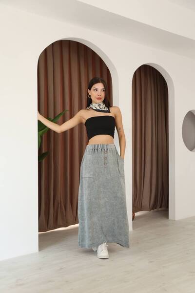 AYASOFYA OTANTIK Women's Gray Button Detailed Elastic Waist Plain Pattern Pocketed Vintage Detail Cotton Knit Skirt