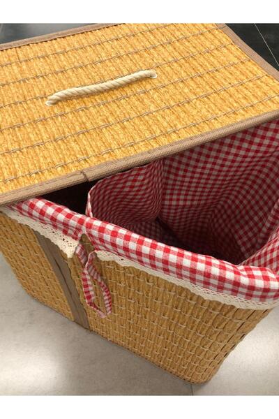 Romans Rattan Katlanabilir Dikdörtgen Çamaşır Sepeti -Çift Bölmeli