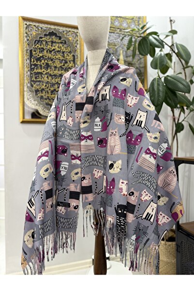 GÜMRÜKÇÜ شال كتف من الكشمير بنسبة 100% من GÜMRÜKÇÜ، لون رمادي، بنقشة قطة