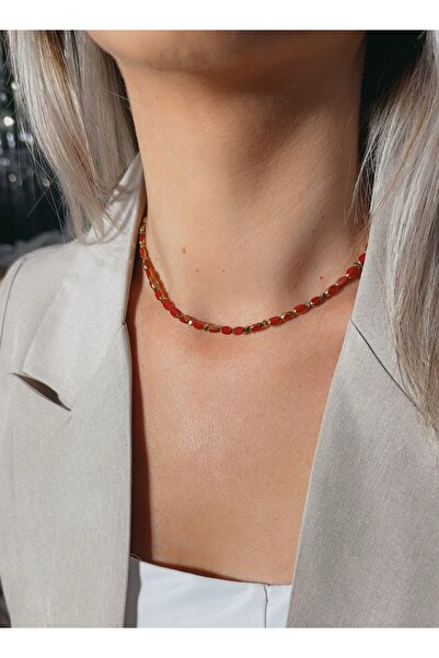 MITH SB TAKI قلادة من الفولاذ المقاوم للصدأ بتصميم خاص من الخرز الزجاجي الأحم...